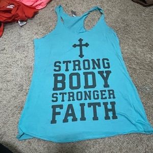 Next Level "Strong Body, Stronger Faith" Blue Tank Top Athletic Shirt Size Small